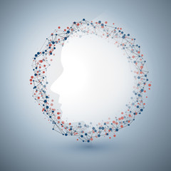 Machine Learning, Artificial Intelligence, Cloud Computing and Networks Design Concept with Human or Robot Face and Network Mesh Ring