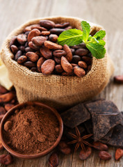 Cacao beans and chocolate in the bag