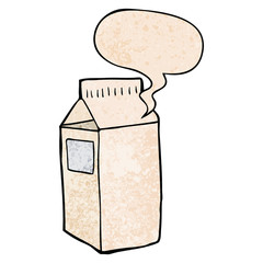 cartoon milk carton and speech bubble in retro texture style