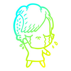 cold gradient line drawing cartoon crying girl waving