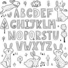 Black and white alphabet with cute rabbits