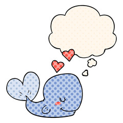 cartoon whale in love and thought bubble in comic book style