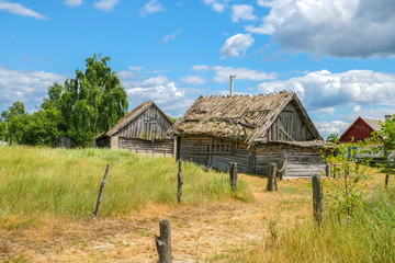  Svalovichi. Volyn. Ukraine. June 28. 2019. Editorial photo. Folk old wooden house in the village of Svalovichi in Ukraine. Ukrainian Polissya.