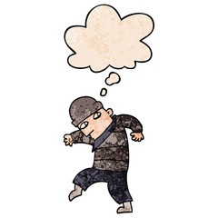 cartoon sneaking thief and thought bubble in grunge texture pattern style