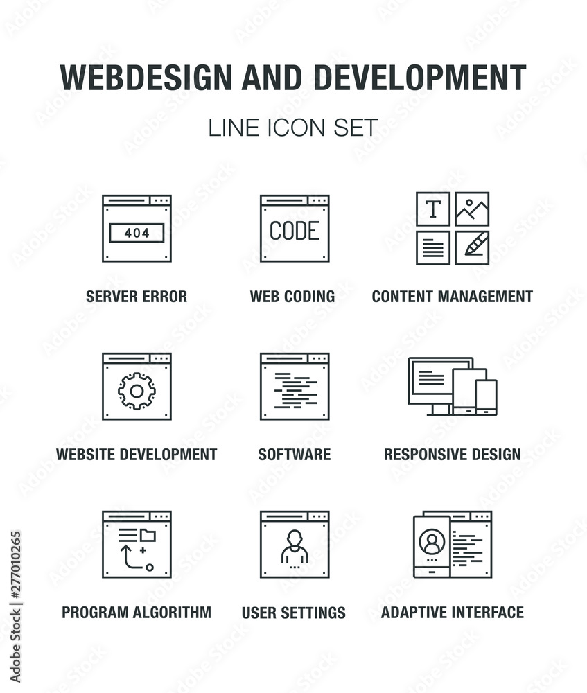 Poster web design and development line icon set