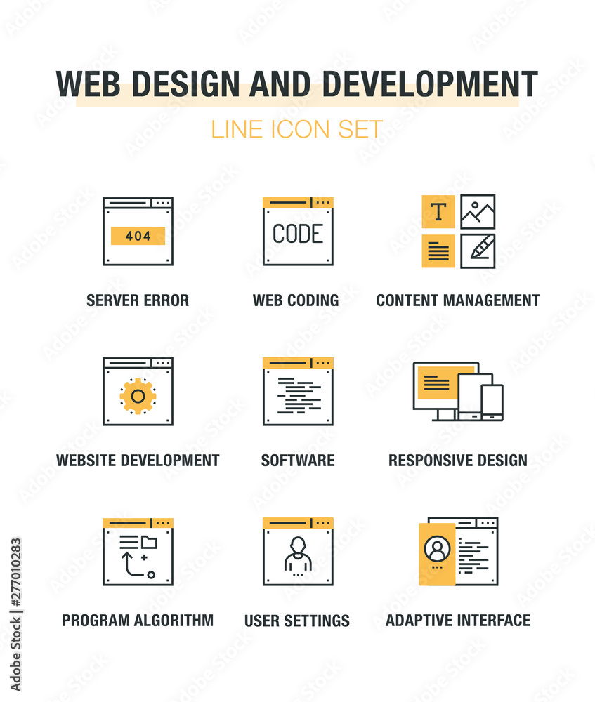 Poster web design and development line icon set
