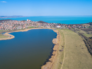 Naklejka na ściany i meble View from above of Belso-to (Belső-tó) lake and Balaton lake. Tihany peninsula, Hungary, Europe