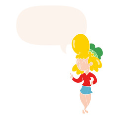 cartoon woman and big hair and speech bubble in retro style
