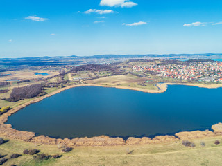 View from above of Belso-to (Belső-tó) lake and Balaton lake. Tihany peninsula, Hungary, Europe