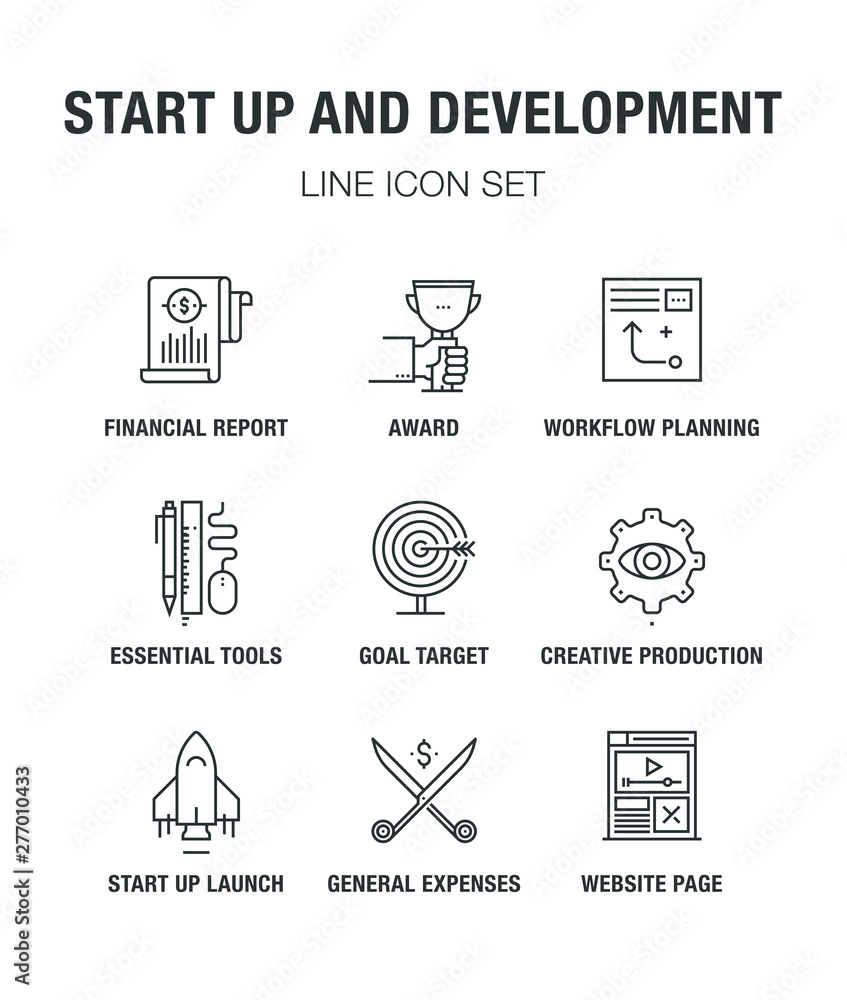 Poster start up and development line icon set