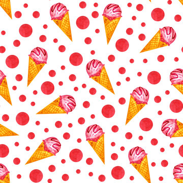 Ice cream cone seamless pattern. Watercolor illustration hand drawing. Design for fabric, textile, paper and greeting cards.
