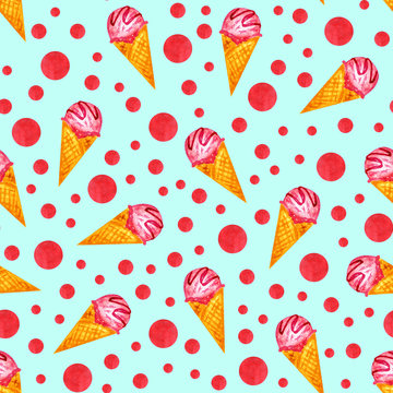 Ice cream cone seamless pattern. Watercolor illustration hand drawing. Design for fabric, textile, paper and greeting cards.	