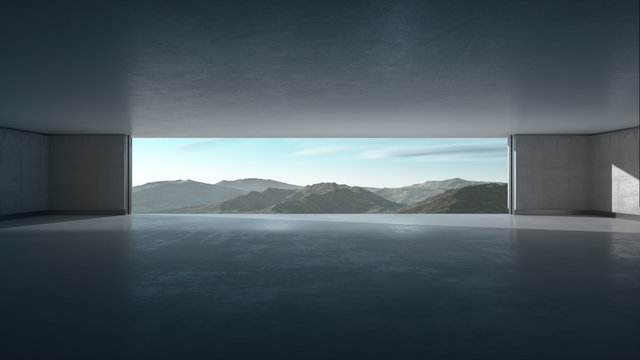 Empty abstract concrete interior with wide window and scenic mountain view. 3D illustration. 3D rendering.