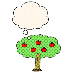 cartoon apple tree and thought bubble in comic book style