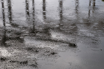 Sydney Australia, ripples in puddles as rain is falling, with building reflections in water