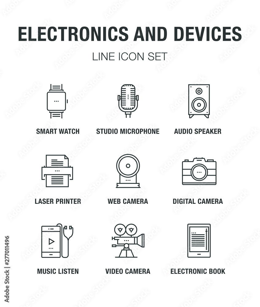 Poster electronics and devices line icon set