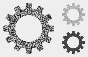 Collage Gearwheel icon composed of circle and square items in different sizes, positions and proportions. Vector spheric and square items are arranged into abstract collage gearwheel icons.