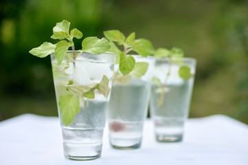 Summer hot fresh drink with mint in glass on white green grey background