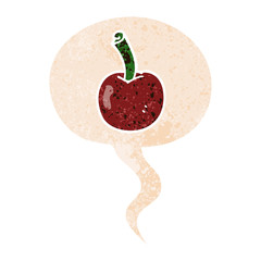 cartoon cherry and speech bubble in retro textured style