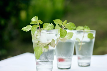 Summer hot fresh drink with mint in glass on white green grey background