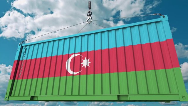 Container with flag of Azerbaijan. Azerbaijani import or export related conceptual 3D animation