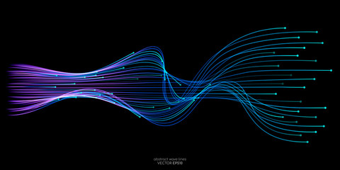 Vector wave lines flowing dynamic in blue green colors isolated on black background for concept of AI technology, digital, communication, science, music - obrazy, fototapety, plakaty