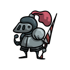 Medieval knight in steel metal armor with red feather helmet
