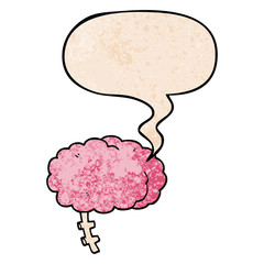 cartoon brain and speech bubble in retro texture style