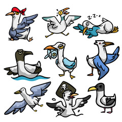 Set of cute and funny seagull character in different situation