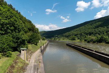 Barrage over the Neckar river along the long-distance hiking trail Neckarsteig in Germany