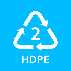 recycle arrow triangle HDPE types 2 isolated on blue background, symbology two type logo of plastic HDPE materials, recycle triangle types icon graphic, recycle plastic ecology icon