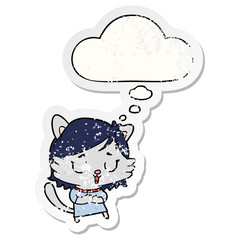 cartoon cat girl and thought bubble as a distressed worn sticker