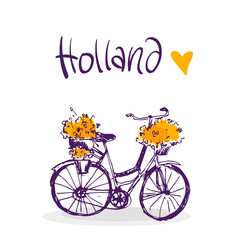 cute sketchy illustration of a bicycle with floral baskets, augmented with Holland sign and a stylized heart image.
