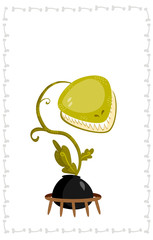 creepy but funny illustration with a stylized flycatcher plant with sharp teeth in a black pot. specially for Halloween.