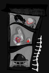 creepy cartoon illustration of a gothic ancient cabinet with organs in glasses, a small black cat fighting against miracle plant with sharp teeth. Bone stairs beside it.