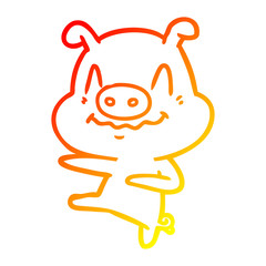 warm gradient line drawing nervous cartoon pig dancing