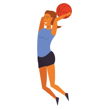 Fitness woman playing basketball sport isolated cartoon