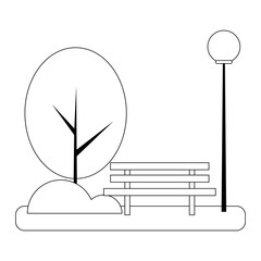 Park with tree bush bench and streetlight in black and white
