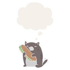 cartoon cat with sandwich and thought bubble in retro style