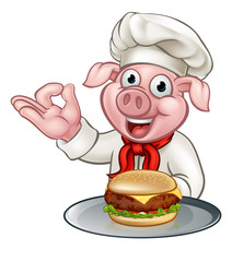 A pig chef holding a cheese burger or hamburger on a plate cartoon character