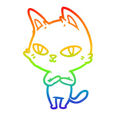 rainbow gradient line drawing cartoon cat staring