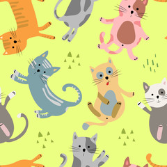 Seamless pattern  with cute cats. Great design for kids apparel, fabric, textile, packaging. Hand drawn vector illustration.