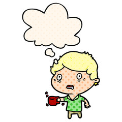 cartoon man with cup of coffee and thought bubble in comic book style