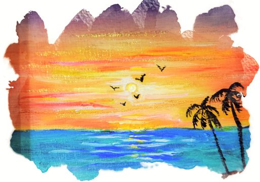 Bueautiful summer sunset with palms art illustration