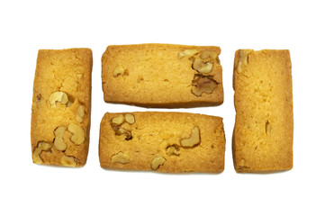 Biscuits single cracker homemade, Square and thick design, Apricot and Walnuts cookies and sweet flavored. Isolated on white background.