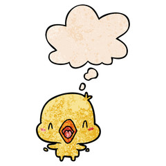 cartoon happy bird and thought bubble in grunge texture pattern style