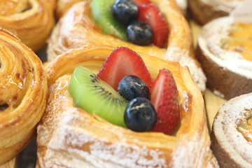 Fresh bread in a bakery at cafe.