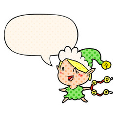 cartoon happy christmas elf and speech bubble in comic book style