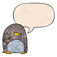 cartoon penguin and speech bubble in retro texture style
