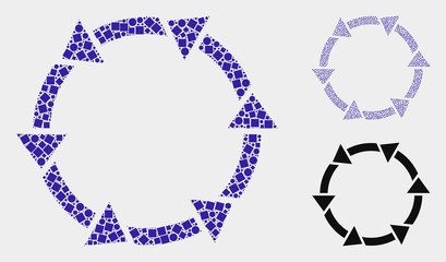 Mosaic Rotate arrows icon composed of circle and square elements in random sizes, positions and proportions. Vector circle and square spots are composed into abstract mosaic rotate arrows icons.